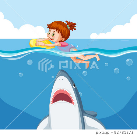 A girl escaping shark in the water 92781273