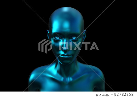 3d illustration. Portrait of a blue bald woman on a black background.  92782258