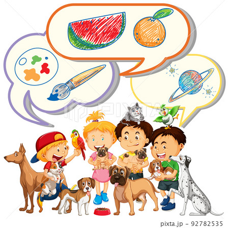 Kids and pets with speech bubbles Kids and pets with speech bubbles 92782535
