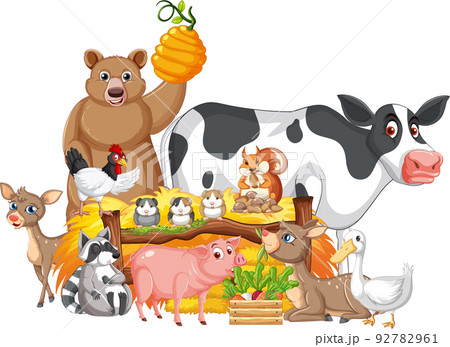 Many farm animals by the fence 92782961