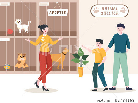 Animal Shelter Cartoon Illustration with Pets Sitting in Cages and Volunteers Feeding Animals for Adopting in Flat Hand Drawn Style Design 92784168