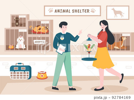 Animal Shelter Cartoon Illustration with Pets Sitting in Cages and Volunteers Feeding Animals for Adopting in Flat Hand Drawn Style Design Animal Shelter Cartoon Illustration with Pets Sitting in Cages and Volunteers Feeding Animals for Adopting in Flat Hand Drawn Style Design 92784169