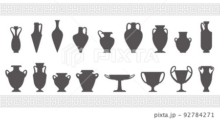 Greek vases silhouettes. Ancient amphoras and pots glyph illustration. Clay ceramic earthenware. Vector. 92784271