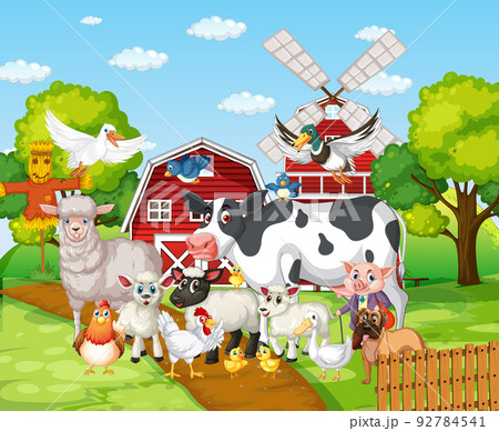 Many farm animals in the farm 92784541