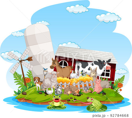 Farm scene with many animals by the barn 92784668