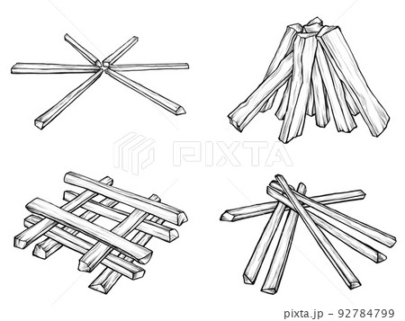 薪（焚き火用）の組み方のリアルな線画イラストセット 92784799