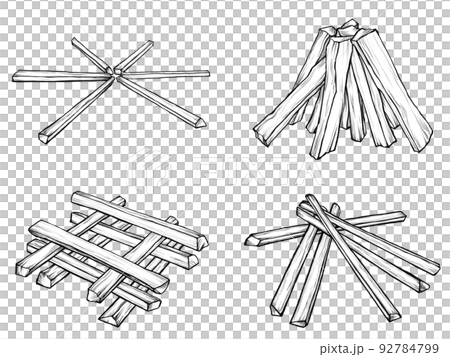 薪（焚き火用）の組み方のリアルな線画イラストセット 92784799