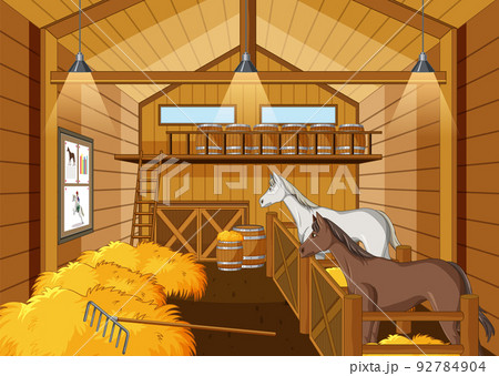 Stable scene with two horses resting Stable scene with two horses resting 92784904