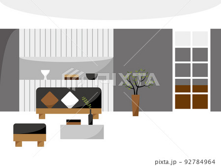 おしゃれなカウンターと格子窓と黒いソファーの部屋 92784964