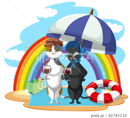 A cats drinking wine relax on beach A cats drinking wine relax on beach 92785210