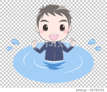 水着を着て水の中でガッツポーズをする小学生の男の子 92785252