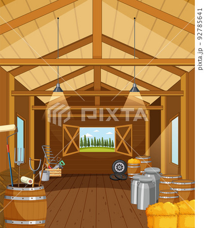 Farm storage with hay and barrels 92785641