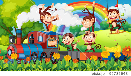 Monkeys riding the train in garden Monkeys riding the train in garden 92785648