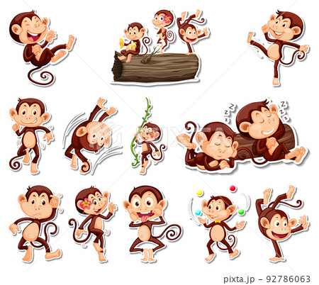 Sticker set of funny monkey cartoon characters 92786063