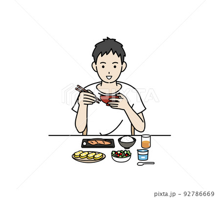 食生活 朝食を食べる 若い男性 健康的な食事 自炊 イラスト 食生活 朝食を食べる 若い男性 健康的な食事 自炊 イラスト 92786669