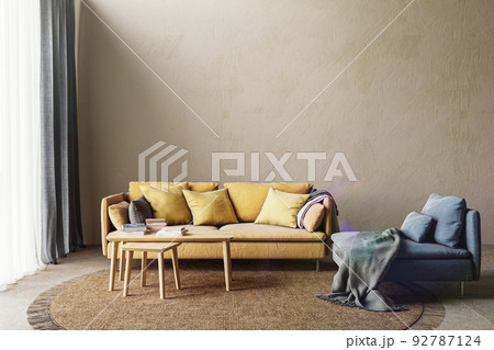Living room filled with natural furniture and large window. High quality illustration 3d rendering. Boho style interior with wall mockup. 92787124