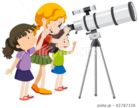 Three girls looking through telescope 92787156