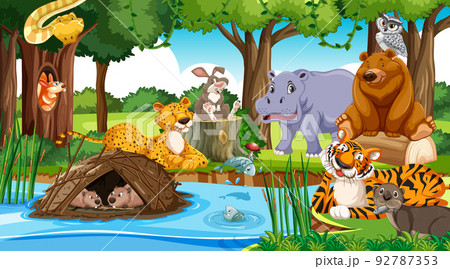 Wild animals cartoon characters in the forest scene Wild animals cartoon characters in the forest scene 92787353