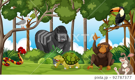 Group of wild animals in nature forest scene 92787377