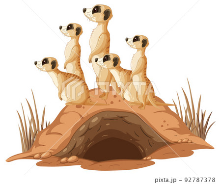 Group of meerkats with burrow in cartoon style 92787378