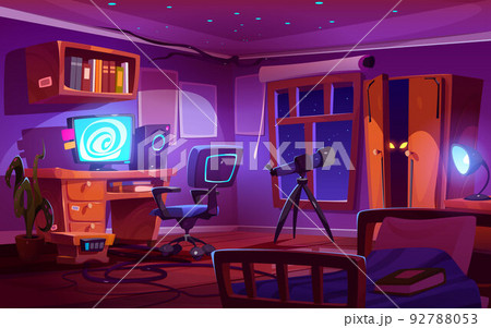 Night bedroom interior with computer, telescope 92788053