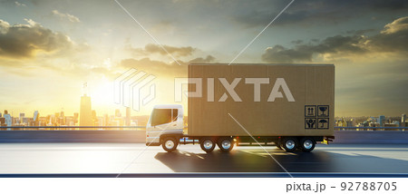 Cargo Truck with big cardboard box package on the road Cargo Truck with big cardboard box package on the road 92788705