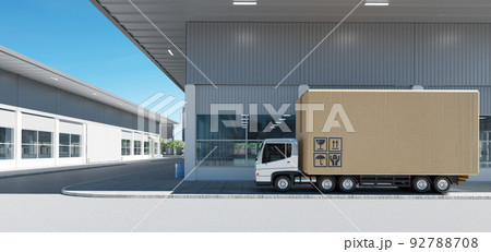 Cargo Truck with big cardboard box package parking in front of the factory 92788708