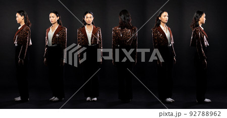 Full length body of Asian beautiful woman wear formal blazer, handsome man look, 360 front side rear Full length body of Asian beautiful woman wear formal blazer, handsome man look, 360 front side rear 92788962