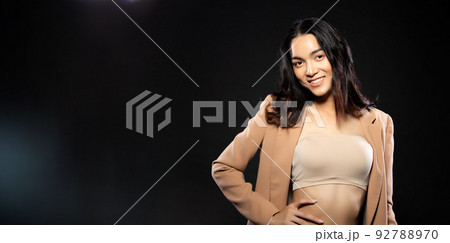 Half body portrait of Asian beautiful woman wear formal blazer, fashion vintage poses Half body portrait of Asian beautiful woman wear formal blazer, fashion vintage poses 92788970