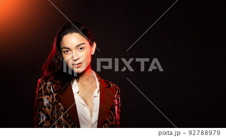 Half body portrait of Asian beautiful woman wear formal blazer, unisex handsome man look make up 92788979