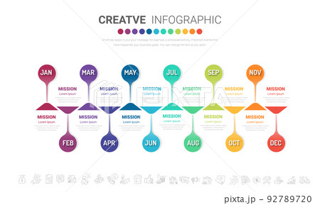 Timeline for 1 year, 12 months, infographics all month planner design and Presentation business can be used for Business concept with 12 options, steps or processes.  92789720