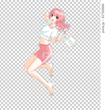 Girl with curly pink hair in sporty summer clothes Girl with curly pink hair in sporty summer clothes 92789866