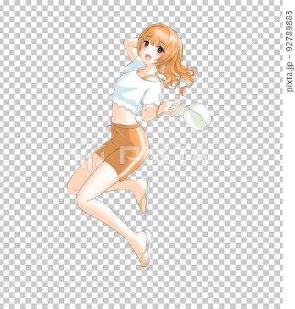 Girl with curly orange hair in sporty summer clothes Girl with curly orange hair in sporty summer clothes 92789883