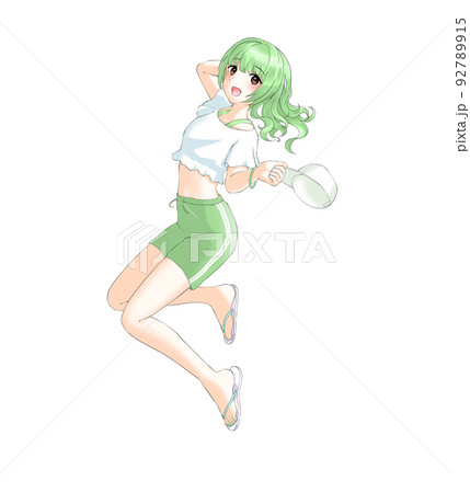 スポーティーな夏服ではしゃぐ緑担当巻き髪の女の子 92789915