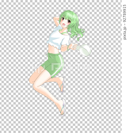 スポーティーな夏服ではしゃぐ緑担当巻き髪の女の子 92789915