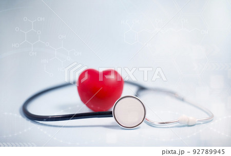 Concept stethoscope and red heart with Health insurance, doctor stethoscope and red heart check heart health care, instrument for checking heart on the white background represents exercise, isolated 92789945