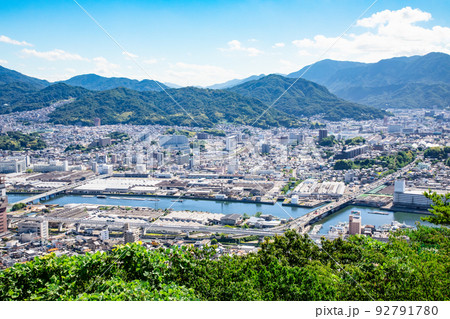 国道2号線に架かる黄金橋から北東方面を展望しています。向洋町、マツダ工場等が見えます。精密画像 92791780
