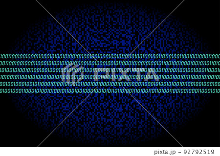 Data highway. Band of six turquoise rows consisting of zeros and ones, binary coding, over a dark blue background of randomly generated square dots. Symbol for Big Data and surveillance. illustration 92792519