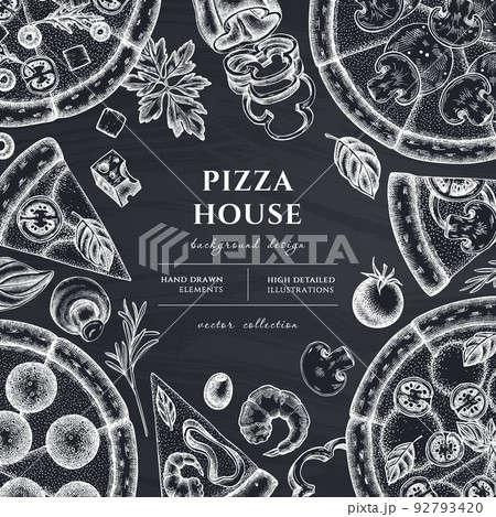 Pizza hand drawn illustration design. Background with chalk greek, margherita, pepperoni, veggie, ham and mushrooms and seafood pizzas. 92793420