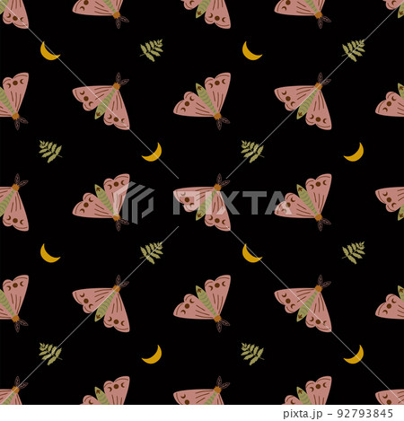 Moon moth seamless pattern. Cute night butterfly print. Witchcraft romantic background. Dark botanical design. Vector illustration. Retro flying moth wallpaper, card, textile, banner, spiritual paper. Moon moth seamless pattern. Cute night butterfly print. Witchcraft romantic background. Dark botanical design. Vector illustration. Retro flying moth wallpaper, card, textile, banner, spiritual paper. 92793845