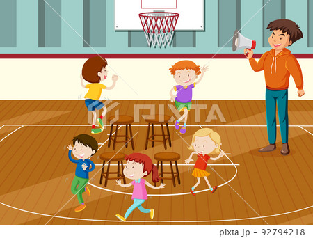 Kids doing physical activity with music chair 92794218