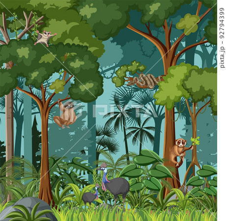 Forest scene with various wild animals 92794399