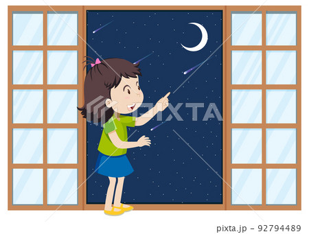 Girl pointing finger to the moon 92794489