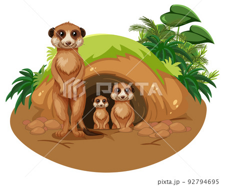 Group of meerkats in burrow in cartoon styleのイラスト素材