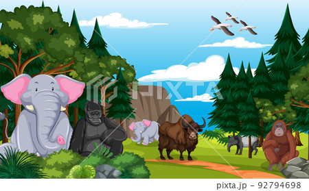 Forest scene with wild animals cartoon characters Forest scene with wild animals cartoon characters 92794698