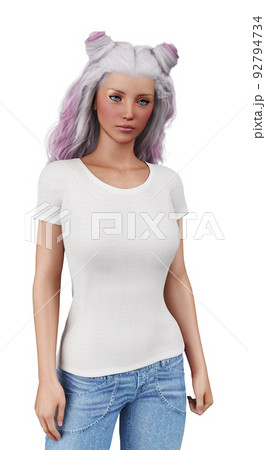 3D Girl with pink white hair in white shirt 3D Girl with pink white hair in white shirt 92794734