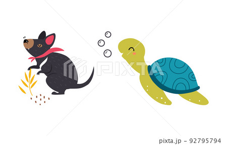 Green Swimming Turtle and Tasmanian Devil with Black Fur as Australian Animal Vector Set Green Swimming Turtle and Tasmanian Devil with Black Fur as Australian Animal Vector Set 92795794