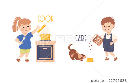Little Boy and Girl Cooking Soup and Caring About Dog Pet Feeding It Vector Set Little Boy and Girl Cooking Soup and Caring About Dog Pet Feeding It Vector Set 92795828