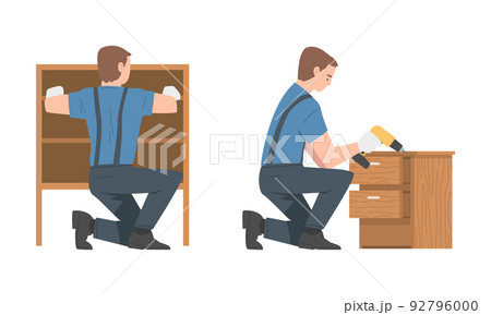 Young Man Character Assembling and Installing Wooden Furniture Vector Set Young Man Character Assembling and Installing Wooden Furniture Vector Set 92796000