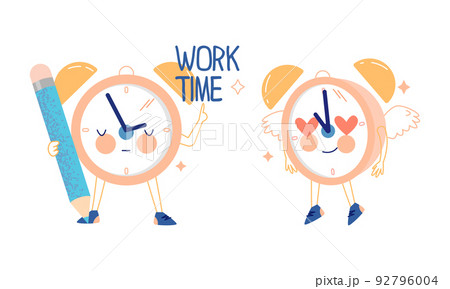 Funny Clock Character with Pencil Working and Fluttering Feeling Love Vector Set 92796004